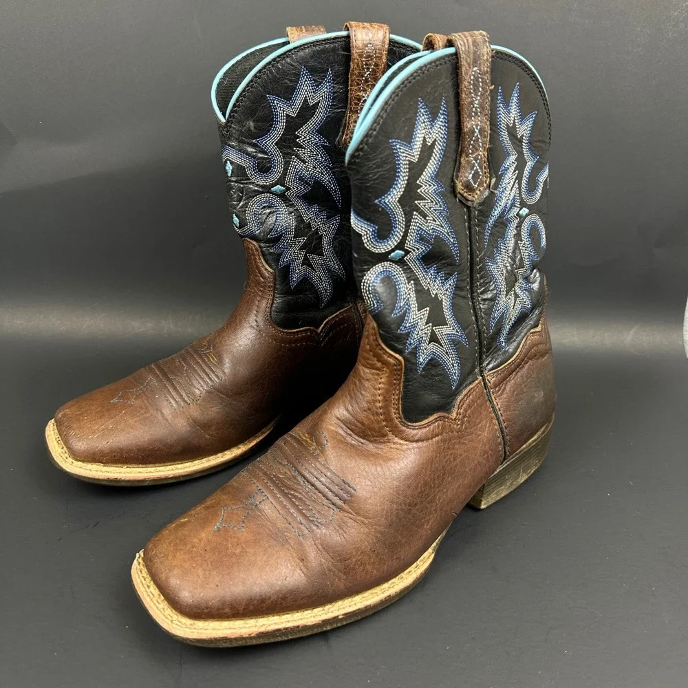 Ariat Brown Black Leather Western Boots Square Toe Blue Stitching Kids Size 4
